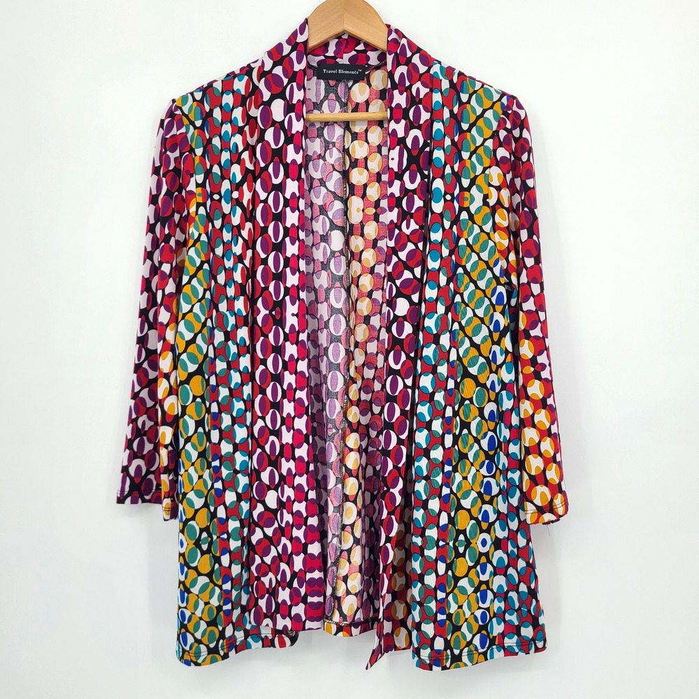 Travel Elements Bold Vibrant Geometric Open Cardigan Boho Maximalist Art Size L